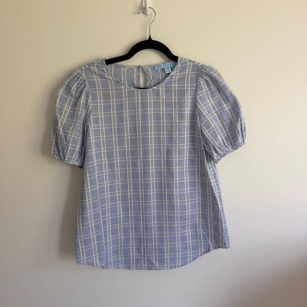 Draper James Womens XS Blue White Plaid Puff Sleeve Cotton Linen Blouse Top